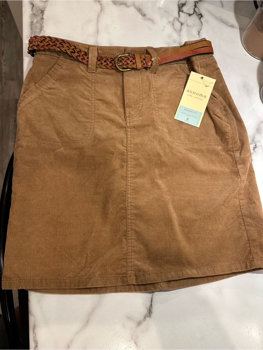 Sonoma Corduroy Mini Skirt in Camel Brown with Braided Belt